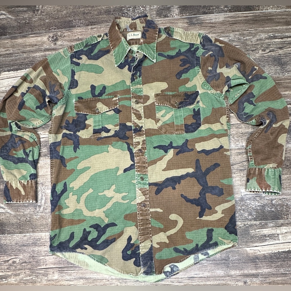 Vintage LL Bean Camo Ripstop Field Shirt Mens Medium Tall Outdoor Distressed